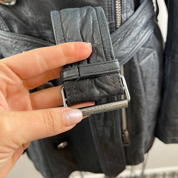 Burberry Brit Dark Blue Distressed Leather Belted Trench Coat Jacket US 6 UK 8 - Picture 9 of 16